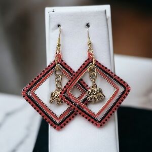 #83 HAND CRAFTED Earrings handmade triangle beaded red black elephant